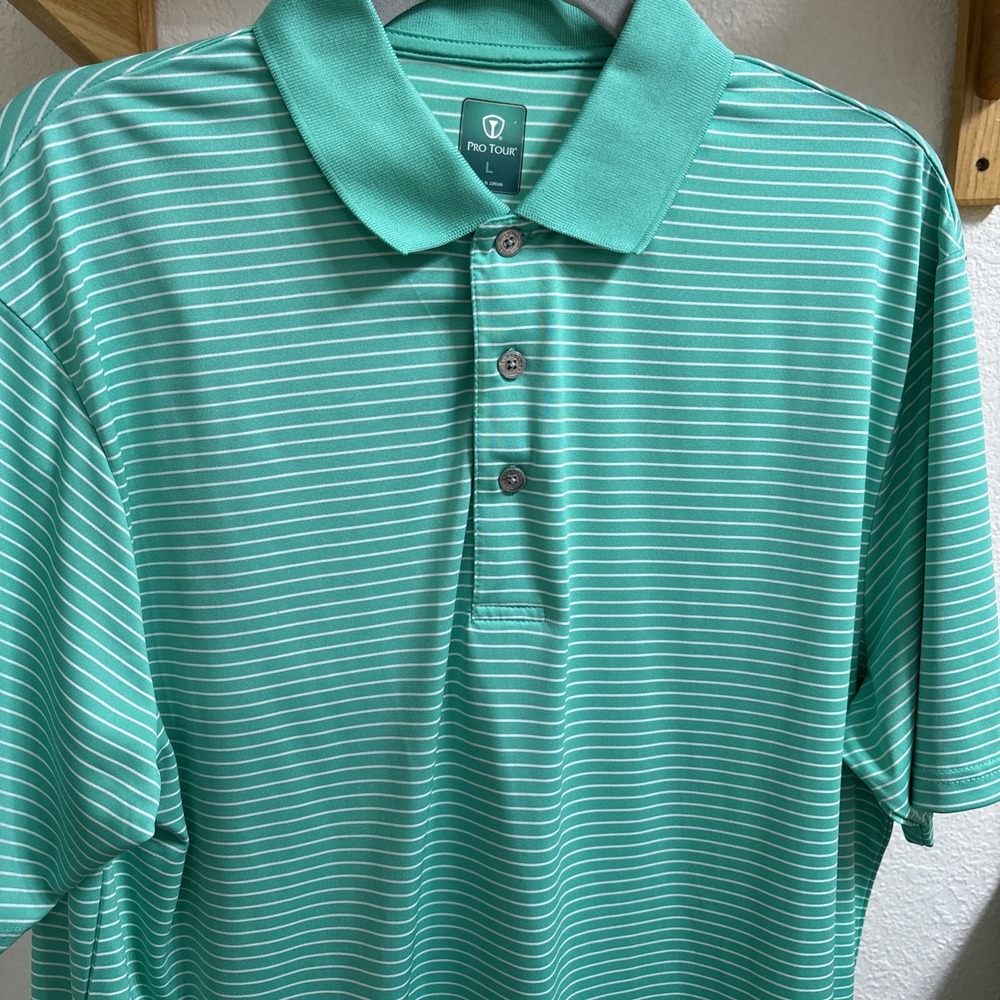 PRO TOUR SHORT SLEEVE ATHLETIC CASUAL COLLAR GOLF POLO SHIRT MENS GREEN STRIP Lg